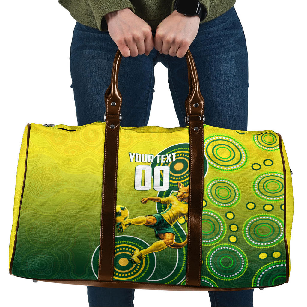 Personalized Australian Soccer Kangaroo Travel Bag Aboriginal Dot Pattern Green Gold Football Player