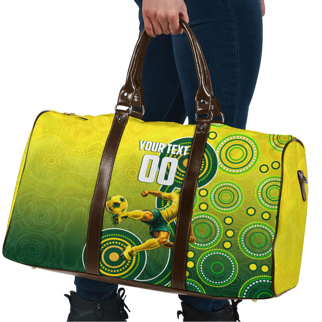 Personalized Australian Soccer Kangaroo Travel Bag Aboriginal Dot Pattern Green Gold Football Player