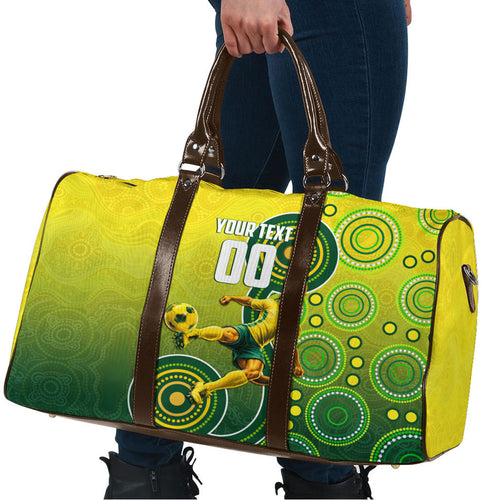 Personalized Australian Soccer Kangaroo Travel Bag Aboriginal Dot Pattern Green Gold Football Player