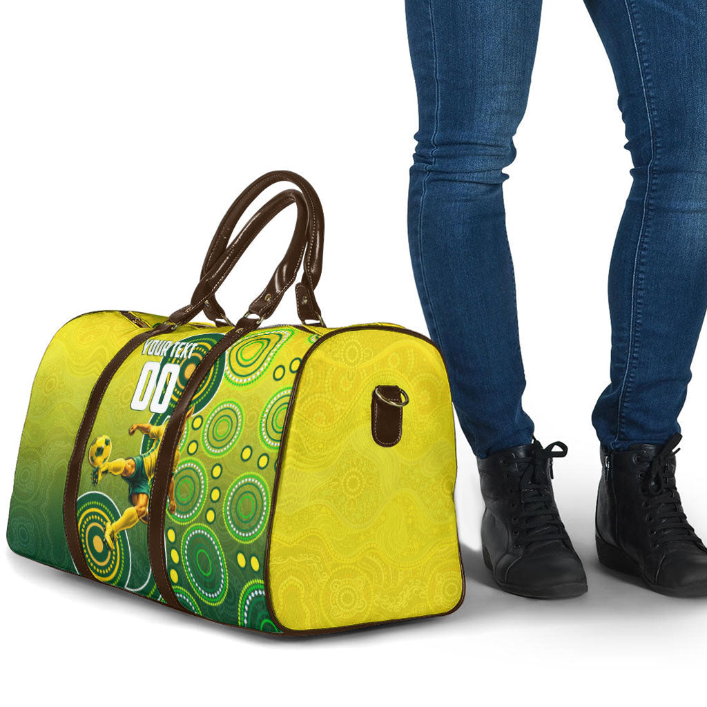 Personalized Australian Soccer Kangaroo Travel Bag Aboriginal Dot Pattern Green Gold Football Player