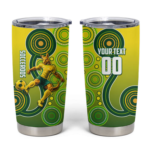 Personalized Australian Soccer Kangaroo Tumbler Cup Aboriginal Dot Pattern Green Gold Football Player