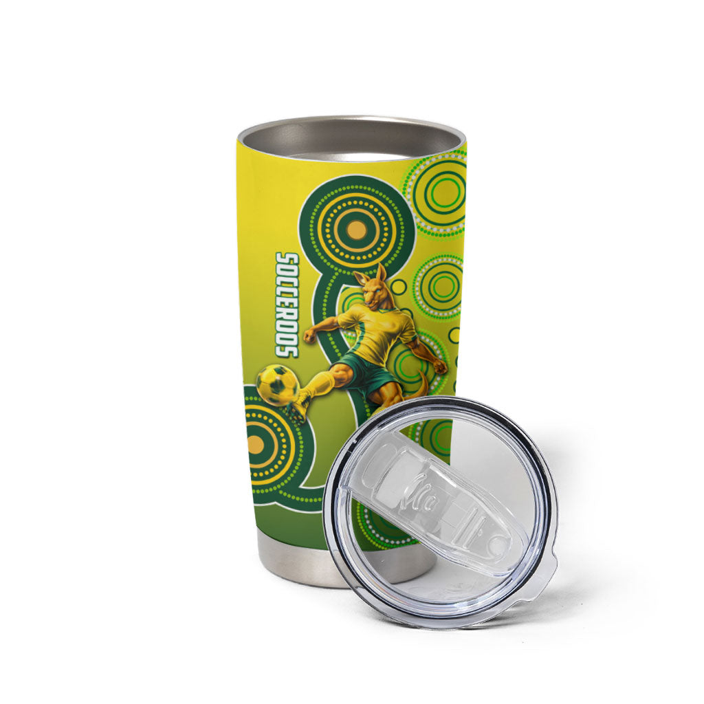 Personalized Australian Soccer Kangaroo Tumbler Cup Aboriginal Dot Pattern Green Gold Football Player