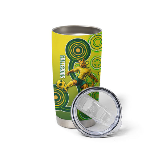 Personalized Australian Soccer Kangaroo Tumbler Cup Aboriginal Dot Pattern Green Gold Football Player