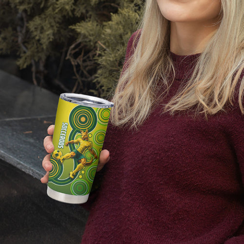 Personalized Australian Soccer Kangaroo Tumbler Cup Aboriginal Dot Pattern Green Gold Football Player