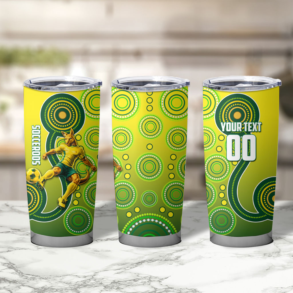 Personalized Australian Soccer Kangaroo Tumbler Cup Aboriginal Dot Pattern Green Gold Football Player