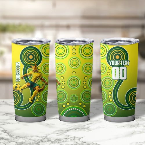 Personalized Australian Soccer Kangaroo Tumbler Cup Aboriginal Dot Pattern Green Gold Football Player
