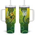 Personalized Australian Soccer Kangaroo Tumbler With Handle Aboriginal Dot Pattern Green Gold Football Player