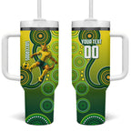 Personalized Australian Soccer Kangaroo Tumbler With Handle Aboriginal Dot Pattern Green Gold Football Player