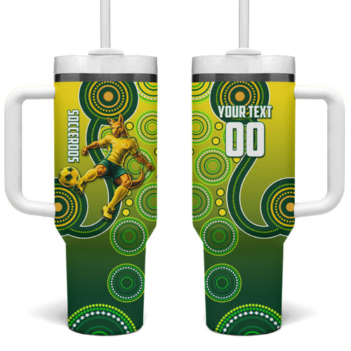 Personalized Australian Soccer Kangaroo Tumbler With Handle Aboriginal Dot Pattern Green Gold Football Player