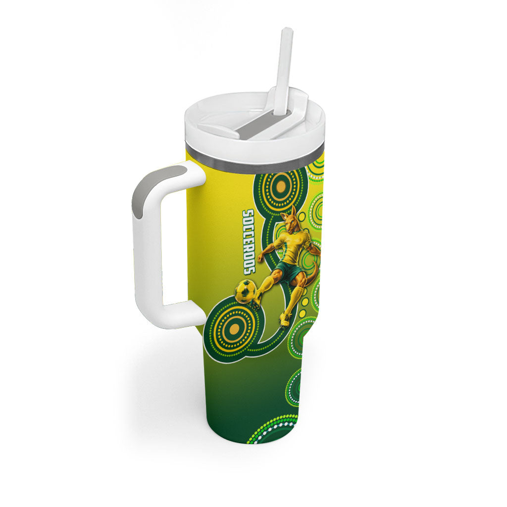 Personalized Australian Soccer Kangaroo Tumbler With Handle Aboriginal Dot Pattern Green Gold Football Player