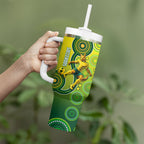 Personalized Australian Soccer Kangaroo Tumbler With Handle Aboriginal Dot Pattern Green Gold Football Player