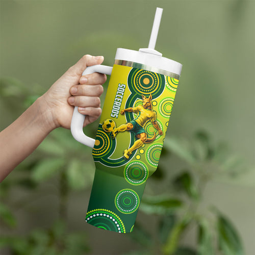 Personalized Australian Soccer Kangaroo Tumbler With Handle Aboriginal Dot Pattern Green Gold Football Player