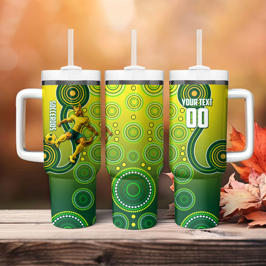 Personalized Australian Soccer Kangaroo Tumbler With Handle Aboriginal Dot Pattern Green Gold Football Player