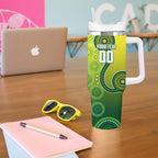 Personalized Australian Soccer Kangaroo Tumbler With Handle Aboriginal Dot Pattern Green Gold Football Player