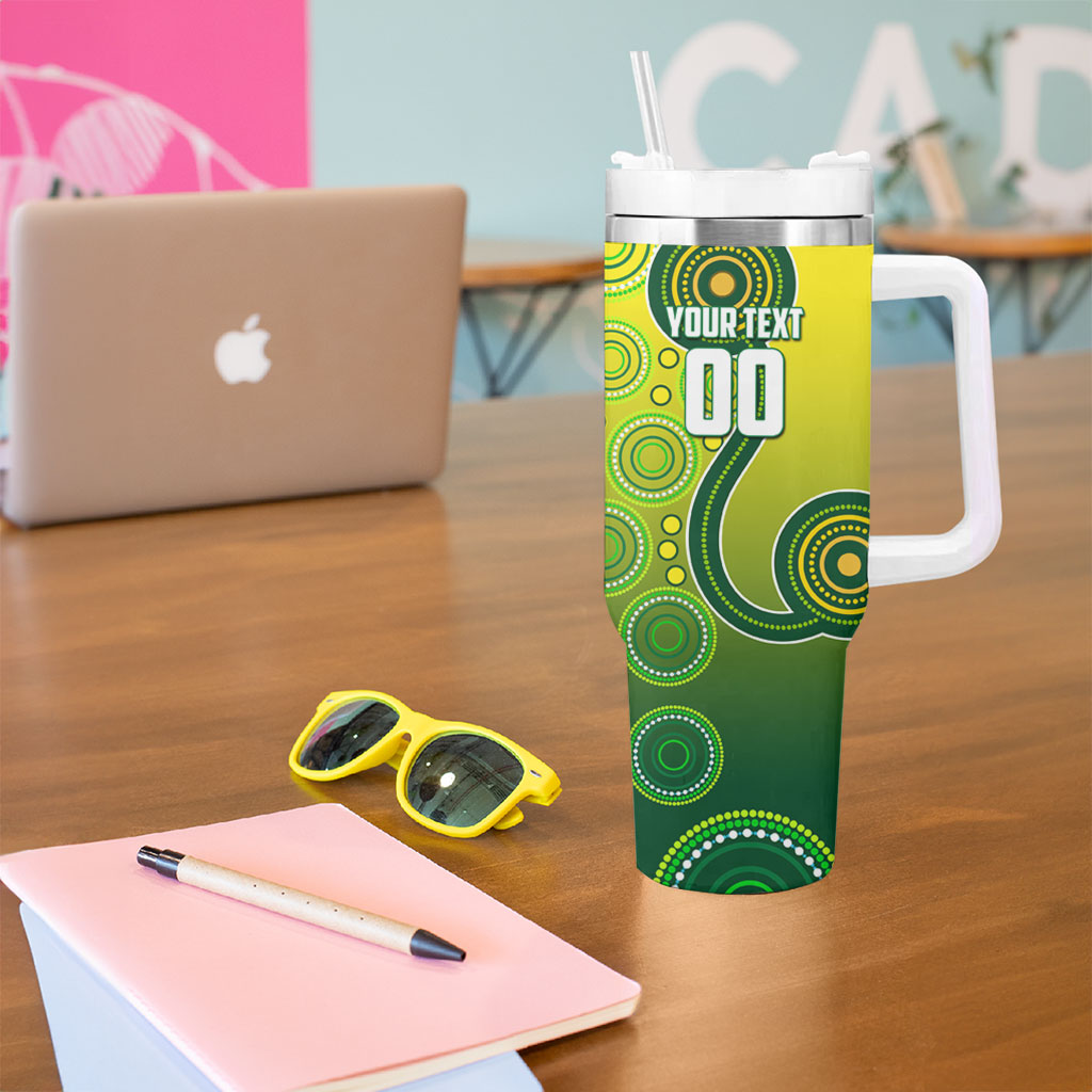 Personalized Australian Soccer Kangaroo Tumbler With Handle Aboriginal Dot Pattern Green Gold Football Player