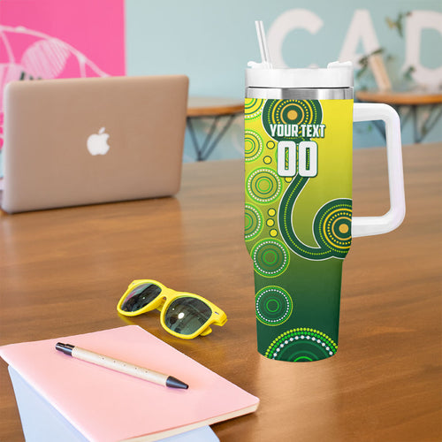 Personalized Australian Soccer Kangaroo Tumbler With Handle Aboriginal Dot Pattern Green Gold Football Player