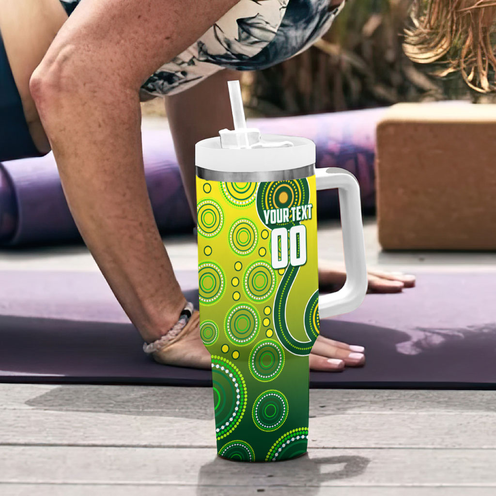 Personalized Australian Soccer Kangaroo Tumbler With Handle Aboriginal Dot Pattern Green Gold Football Player