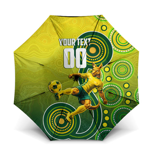 Personalized Australian Soccer Kangaroo Umbrella Aboriginal Dot Pattern Green Gold Football Player