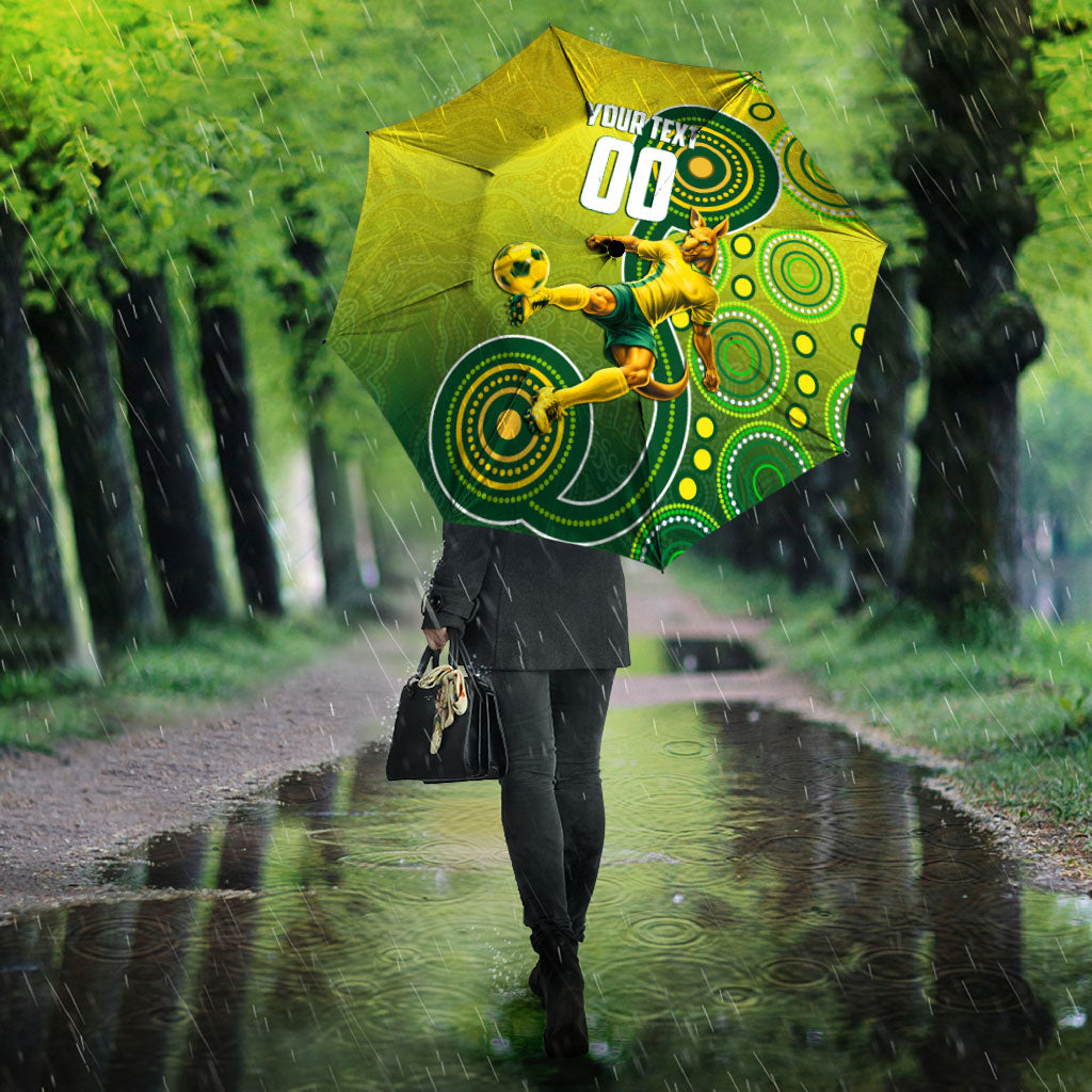 Personalized Australian Soccer Kangaroo Umbrella Aboriginal Dot Pattern Green Gold Football Player