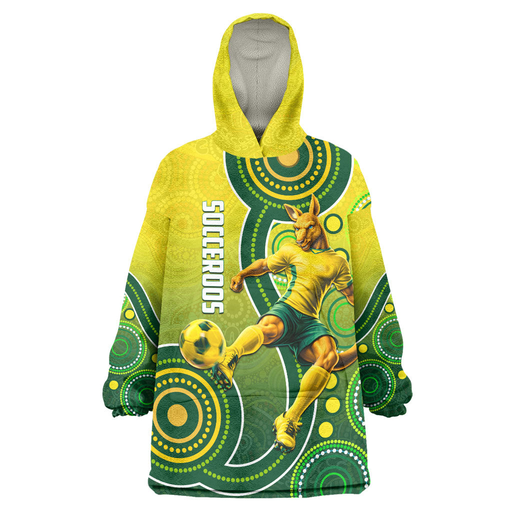 Personalized Australian Soccer Kangaroo Wearable Blanket Hoodie Aboriginal Dot Pattern Green Gold Football Player