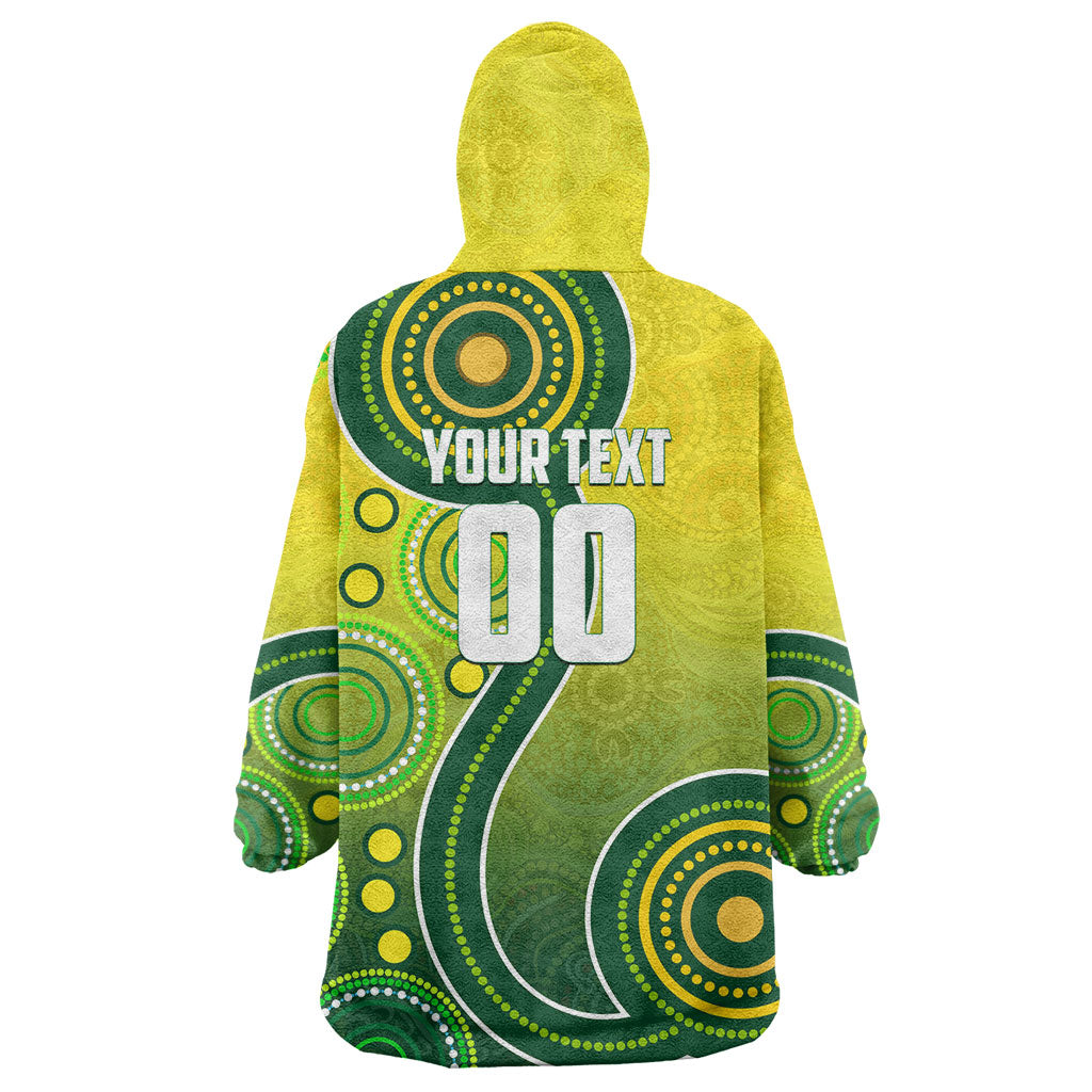 Personalized Australian Soccer Kangaroo Wearable Blanket Hoodie Aboriginal Dot Pattern Green Gold Football Player