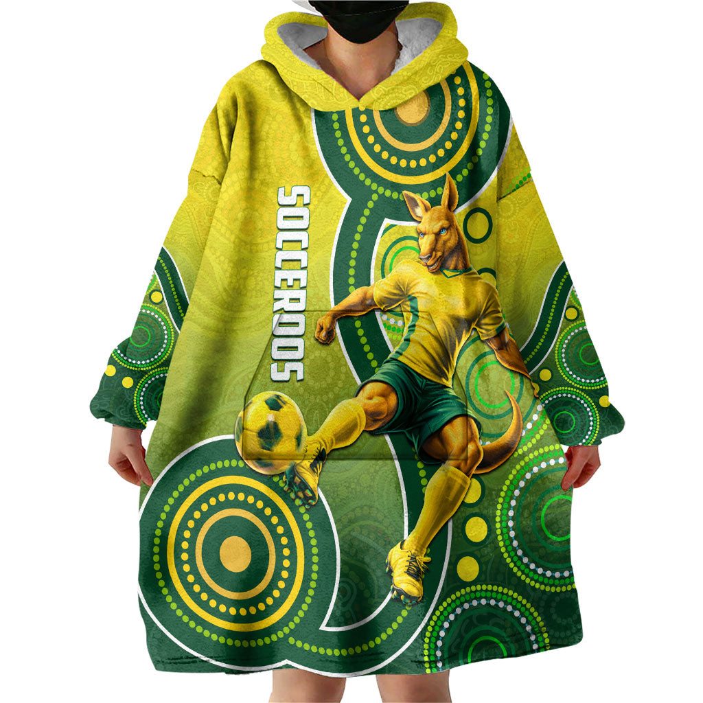 Personalized Australian Soccer Kangaroo Wearable Blanket Hoodie Aboriginal Dot Pattern Green Gold Football Player