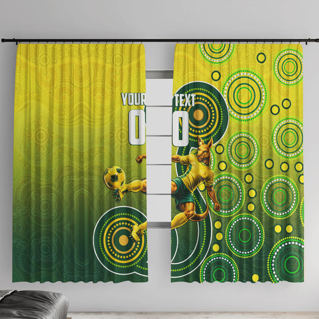 Personalized Australian Soccer Kangaroo Window Curtain Aboriginal Dot Pattern Green Gold Football Player
