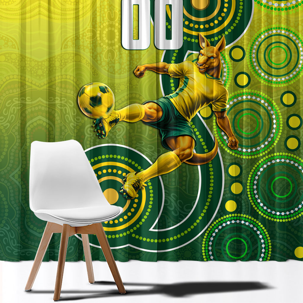 Personalized Australian Soccer Kangaroo Window Curtain Aboriginal Dot Pattern Green Gold Football Player