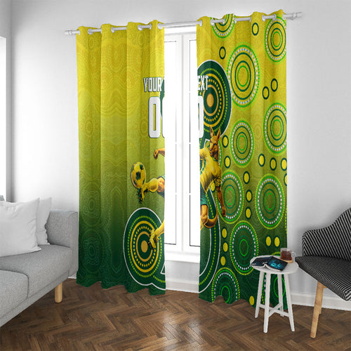 Personalized Australian Soccer Kangaroo Window Curtain Aboriginal Dot Pattern Green Gold Football Player