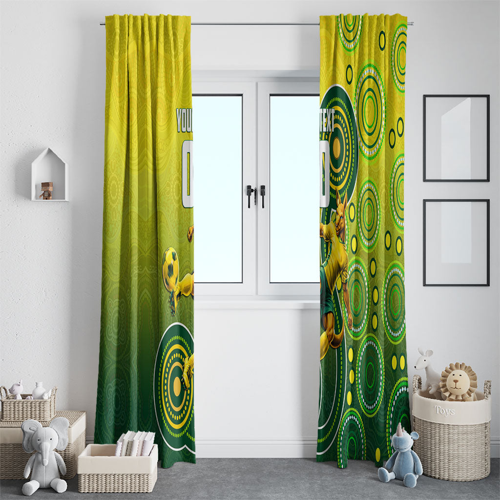 Personalized Australian Soccer Kangaroo Window Curtain Aboriginal Dot Pattern Green Gold Football Player