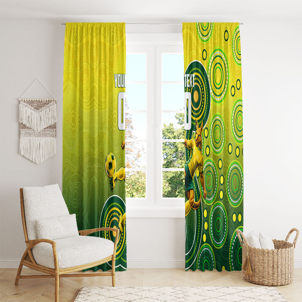 Personalized Australian Soccer Kangaroo Window Curtain Aboriginal Dot Pattern Green Gold Football Player