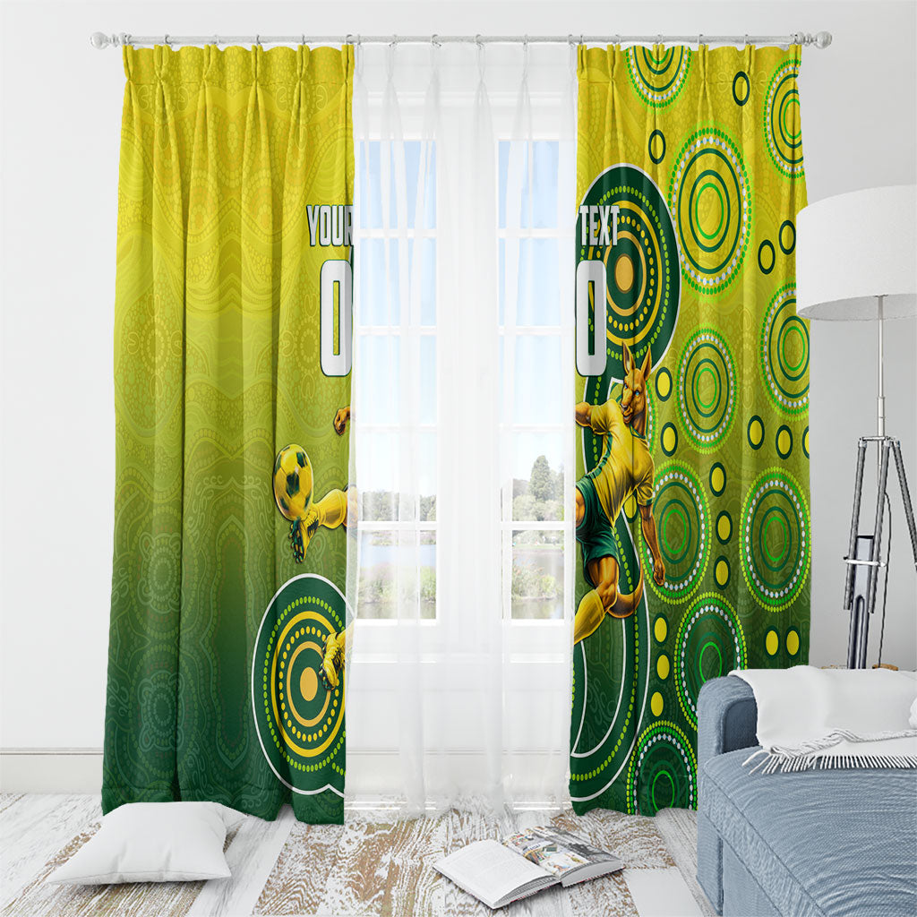 Personalized Australian Soccer Kangaroo Window Curtain Aboriginal Dot Pattern Green Gold Football Player