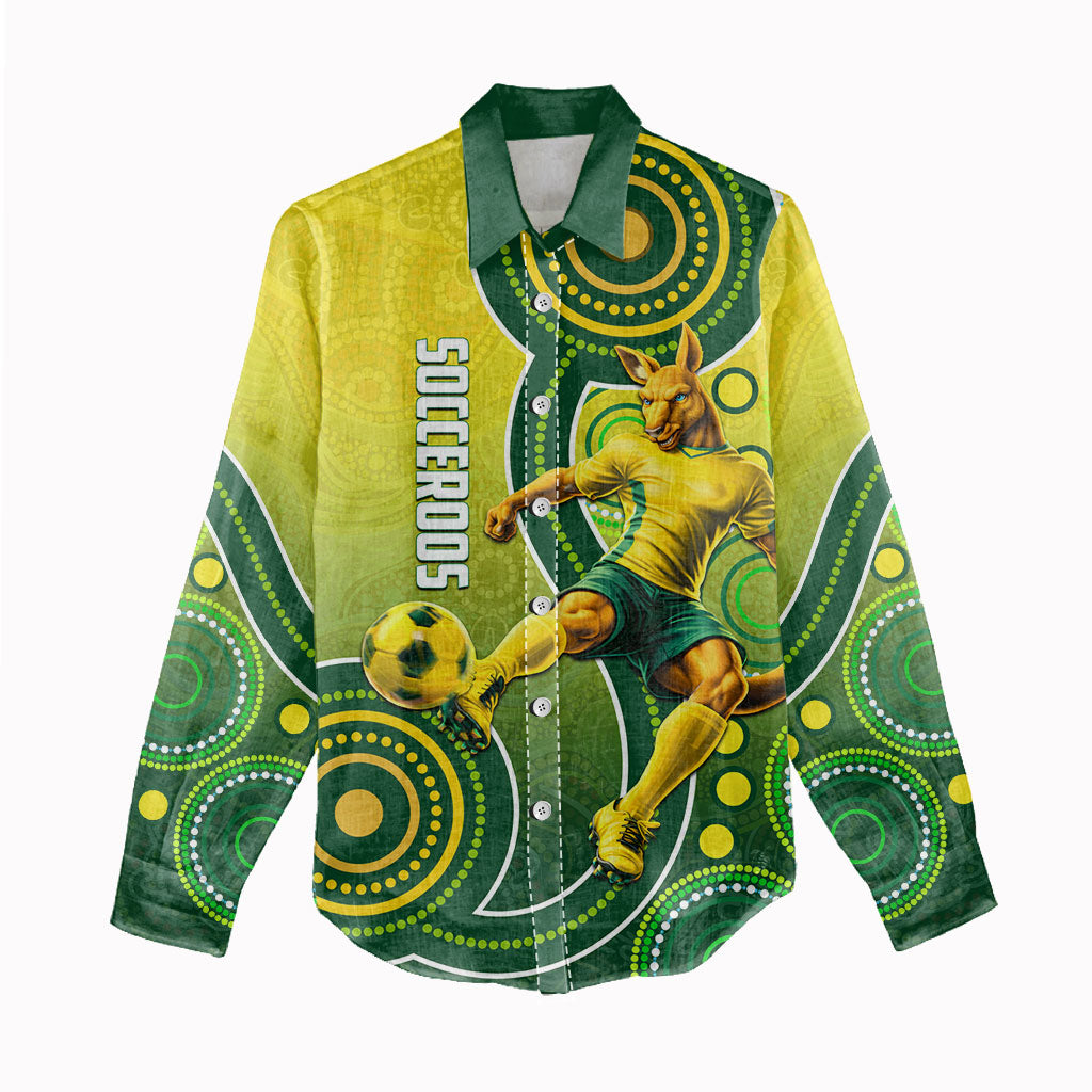 Personalized Australian Soccer Kangaroo Women Casual Shirt Aboriginal Dot Pattern Green Gold Football Player