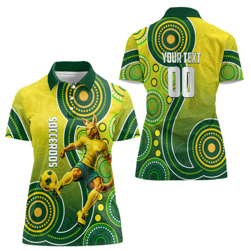 Personalized Australian Soccer Kangaroo Women Polo Shirt Aboriginal Dot Pattern Green Gold Football Player
