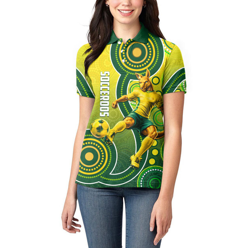 Personalized Australian Soccer Kangaroo Women Polo Shirt Aboriginal Dot Pattern Green Gold Football Player