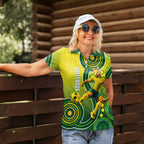 Personalized Australian Soccer Kangaroo Women Polo Shirt Aboriginal Dot Pattern Green Gold Football Player