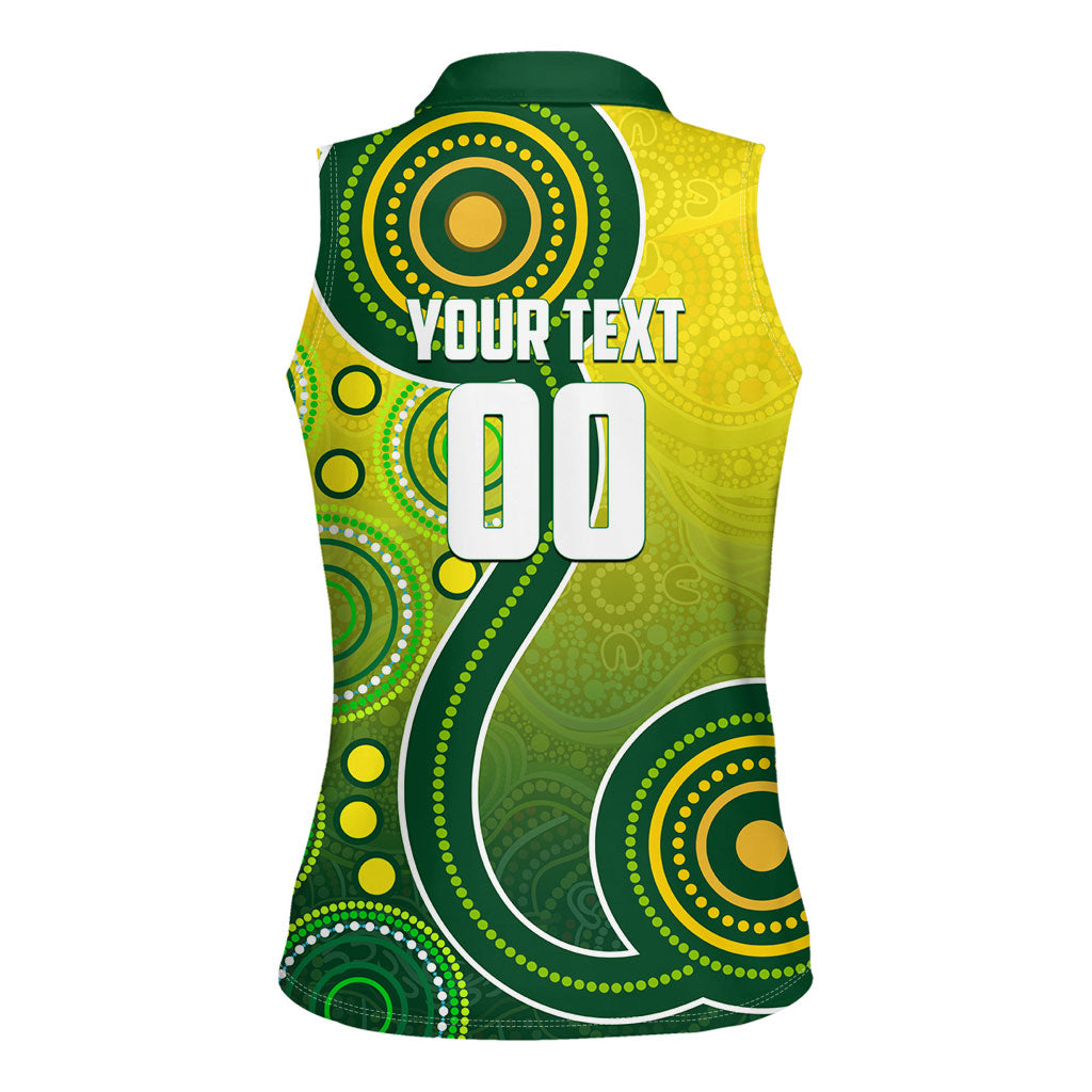 Personalized Australian Soccer Kangaroo Women Sleeveless Polo Shirt Aboriginal Dot Pattern Green Gold Football Player