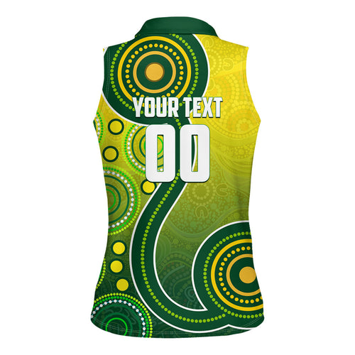 Personalized Australian Soccer Kangaroo Women Sleeveless Polo Shirt Aboriginal Dot Pattern Green Gold Football Player