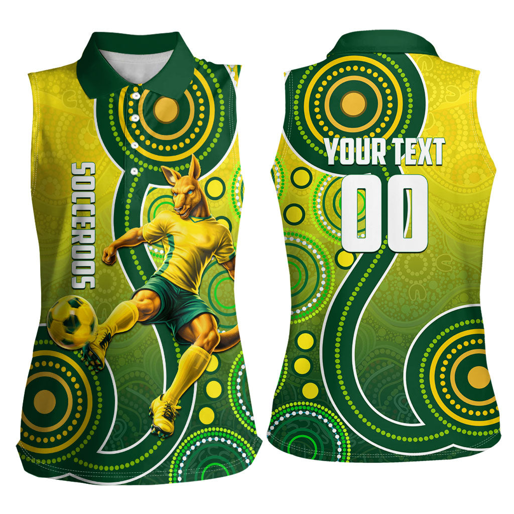 Personalized Australian Soccer Kangaroo Women Sleeveless Polo Shirt Aboriginal Dot Pattern Green Gold Football Player