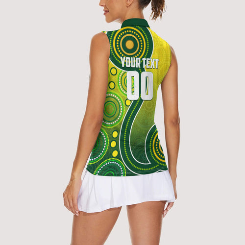 Personalized Australian Soccer Kangaroo Women Sleeveless Polo Shirt Aboriginal Dot Pattern Green Gold Football Player