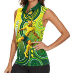 Personalized Australian Soccer Kangaroo Women Sleeveless Polo Shirt Aboriginal Dot Pattern Green Gold Football Player