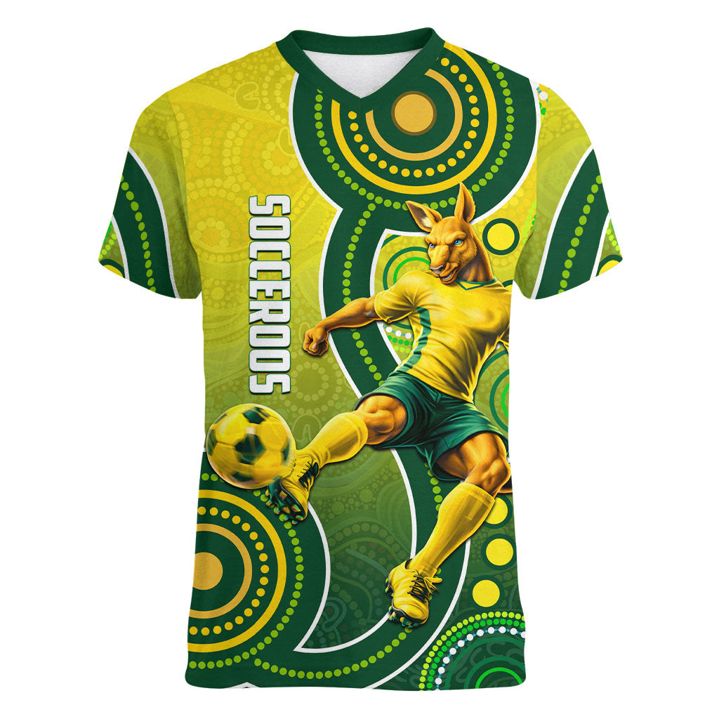 Personalized Australian Soccer Kangaroo Women V-Neck T-Shirt Aboriginal Dot Pattern Green Gold Football Player