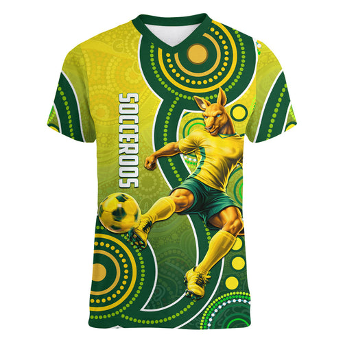 Personalized Australian Soccer Kangaroo Women V-Neck T-Shirt Aboriginal Dot Pattern Green Gold Football Player