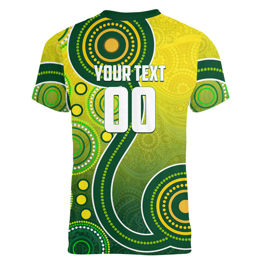 Personalized Australian Soccer Kangaroo Women V-Neck T-Shirt Aboriginal Dot Pattern Green Gold Football Player