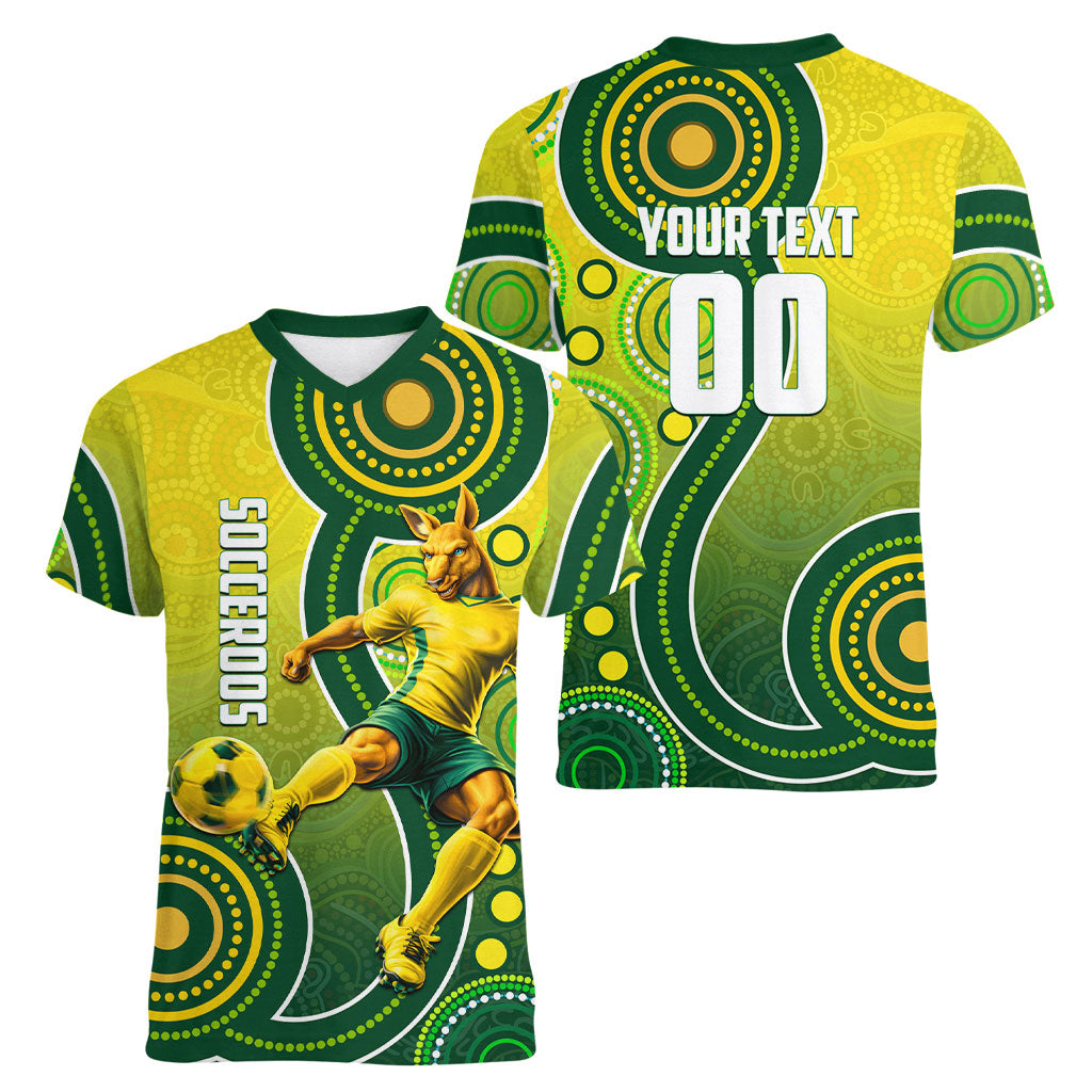 Personalized Australian Soccer Kangaroo Women V-Neck T-Shirt Aboriginal Dot Pattern Green Gold Football Player