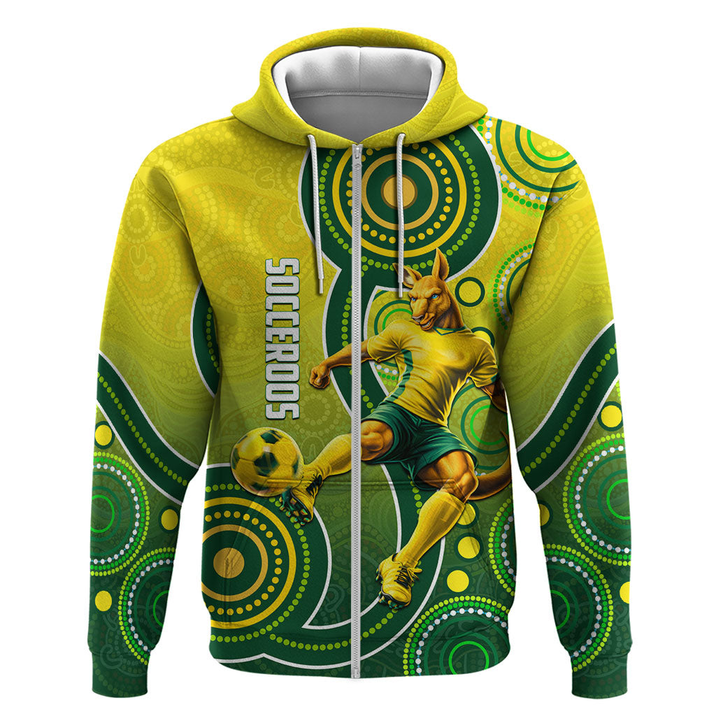 Personalized Australian Soccer Kangaroo Zip Hoodie Aboriginal Dot Pattern Green Gold Football Player