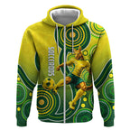 Personalized Australian Soccer Kangaroo Zip Hoodie Aboriginal Dot Pattern Green Gold Football Player
