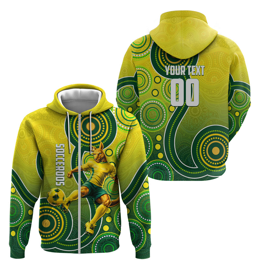 Personalized Australian Soccer Kangaroo Zip Hoodie Aboriginal Dot Pattern Green Gold Football Player
