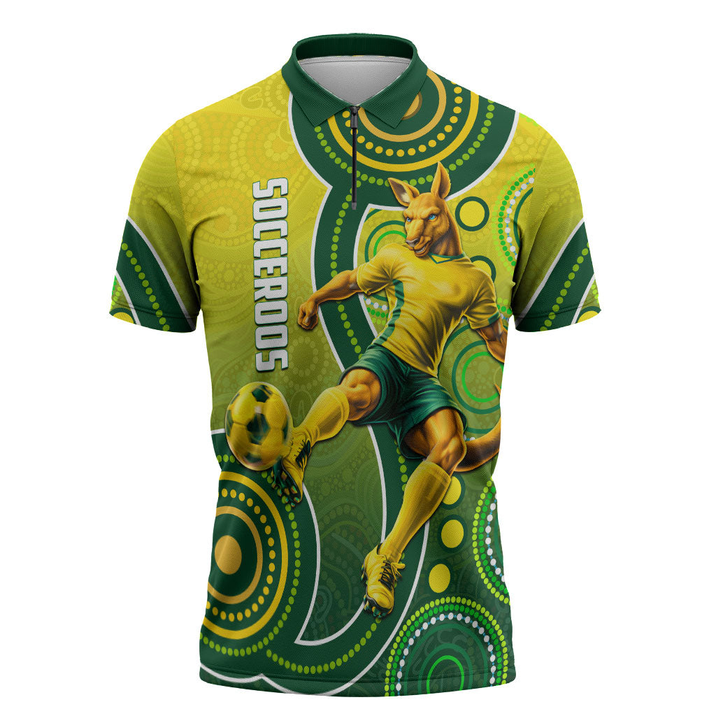 Personalized Australian Soccer Kangaroo Zipper Polo Shirt Aboriginal Dot Pattern Green Gold Football Player
