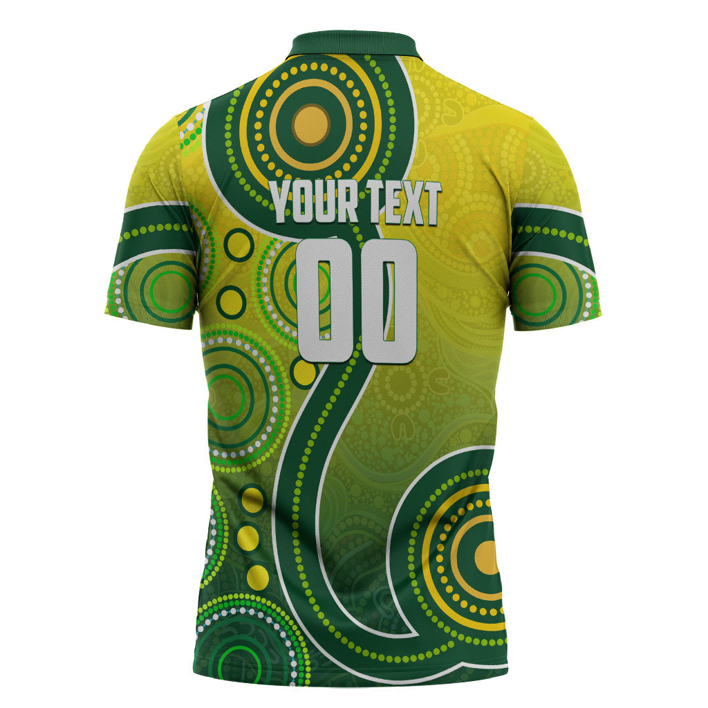 Personalized Australian Soccer Kangaroo Zipper Polo Shirt Aboriginal Dot Pattern Green Gold Football Player